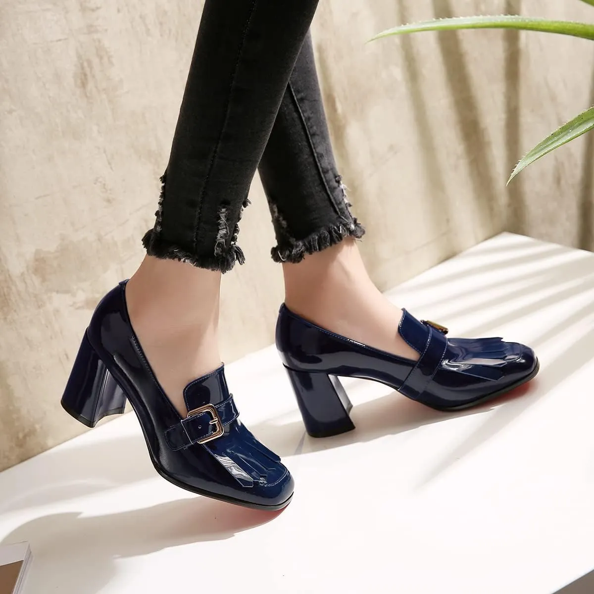 MOOMMO Women Chunky Block Heel Loafers Pumps Square Closed Toe Slip On Dress Shoes Patent Leather Oxford Loafer Shoes Fringe Buckle Tassel Wingtip Office Work Shoe Business Professional 4-11 M US