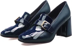 MOOMMO Women Chunky Block Heel Loafers Pumps Square Closed Toe Slip On Dress Shoes Patent Leather Oxford Loafer Shoes Fringe Buckle Tassel Wingtip Office Work Shoe Business Professional 4-11 M US