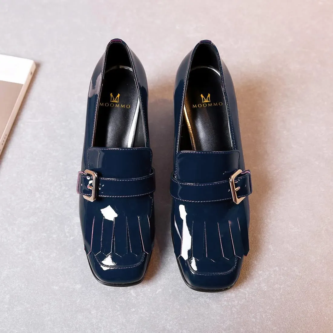 MOOMMO Women Chunky Block Heel Loafers Pumps Square Closed Toe Slip On Dress Shoes Patent Leather Oxford Loafer Shoes Fringe Buckle Tassel Wingtip Office Work Shoe Business Professional 4-11 M US