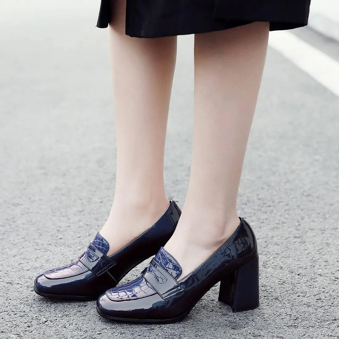 MOOMMO Women Chunky Block Heel Loafers Pumps Square Closed Toe Slip On Dress Shoes Patent Leather Oxford Loafer Shoes Fringe Buckle Tassel Wingtip Office Work Shoe Business Professional 4-11 M US