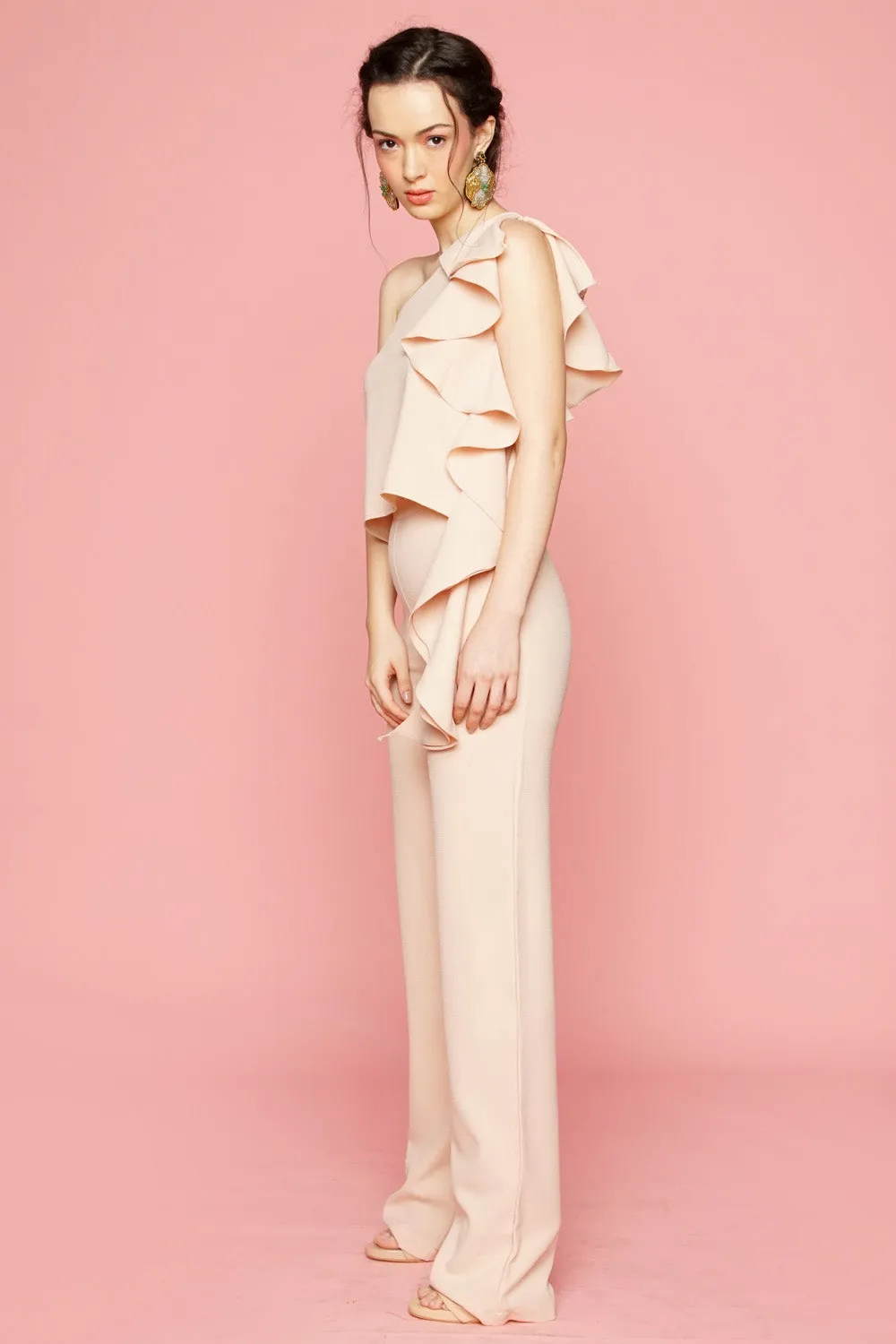 MORNING MIST TOP Asymmetric Top with Cascading Ruffle Detail (Nude)
