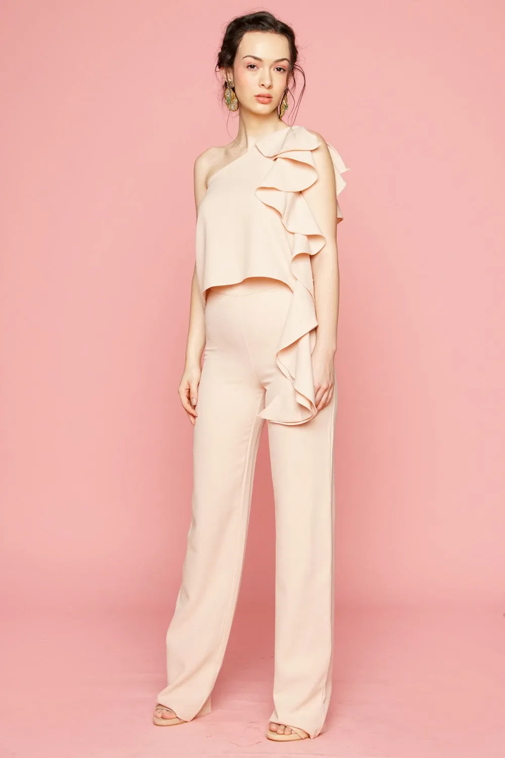 MORNING MIST TOP Asymmetric Top with Cascading Ruffle Detail (Nude)