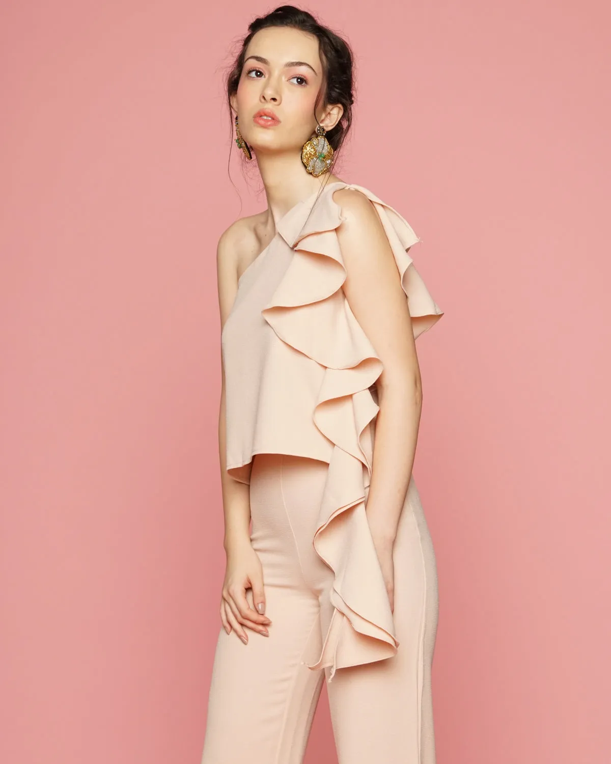 MORNING MIST TOP Asymmetric Top with Cascading Ruffle Detail (Nude)
