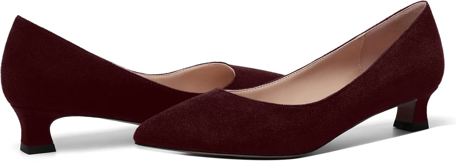MOVINSTEPS Womens Suede Solid Pointed Toe Slip On Dress Wedding Kitten Low Heel Pumps Shoes 1.5 Inch