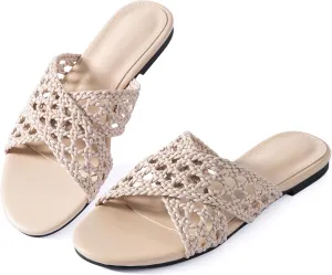 Mtzyoa Women Flat Sandals Braided Leather Crossover Nude Dressy Fashion Evening Party Wedding Sandals