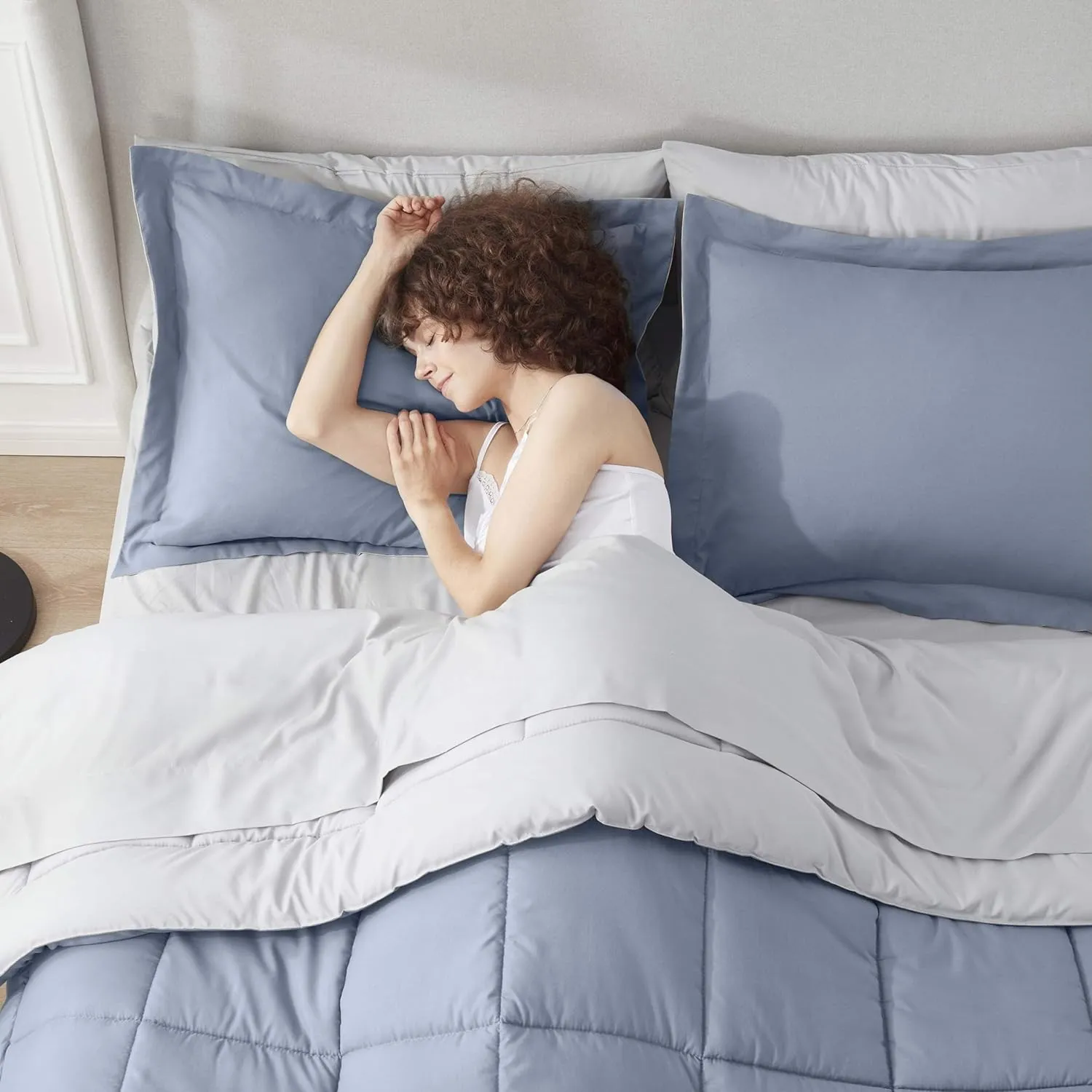 Nestl King Size Comforter Set - 7 Pieces Reversible Stone Blue Bed in a Bag, All Season Bedding Set With Flat Sheet, Fitted Sheet, Pillowcases and Shams