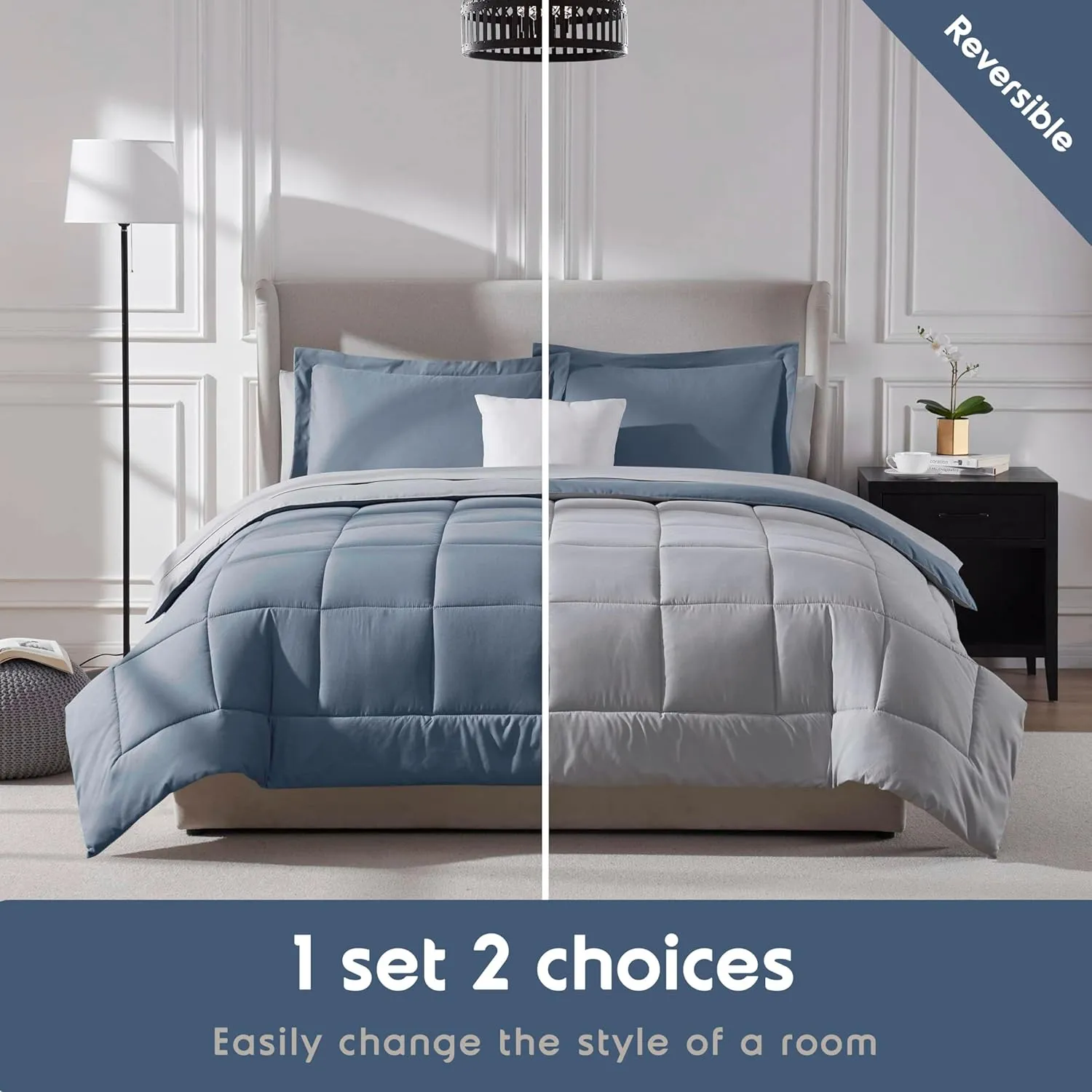 Nestl King Size Comforter Set - 7 Pieces Reversible Stone Blue Bed in a Bag, All Season Bedding Set With Flat Sheet, Fitted Sheet, Pillowcases and Shams