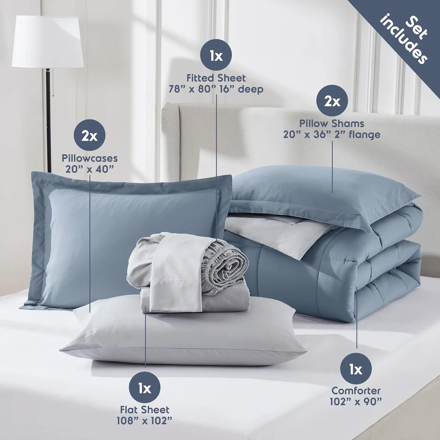 Nestl King Size Comforter Set - 7 Pieces Reversible Stone Blue Bed in a Bag, All Season Bedding Set With Flat Sheet, Fitted Sheet, Pillowcases and Shams