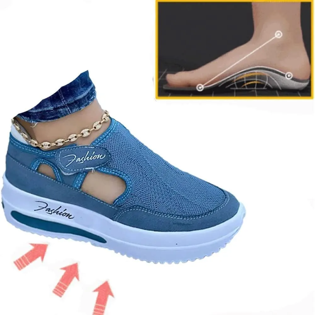 NHBEOEN Women's Orthopedic Shoes,Casual Breathable Mesh Flat Sneakers,Round Toe Thick Heel Buckle Hook Loop Work Shoes