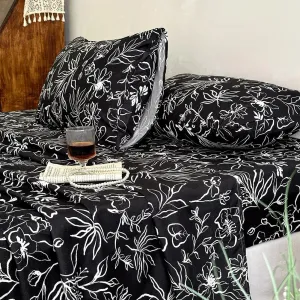 NSNLGSGC Black Boho Floral Sheets Full, 4-Pieces Coquette Cottagecore Leaf Flower Sheet Set, Soft Printed Botanical Shabby Chic Farmhouse Bed Sheets with Deep Pocket