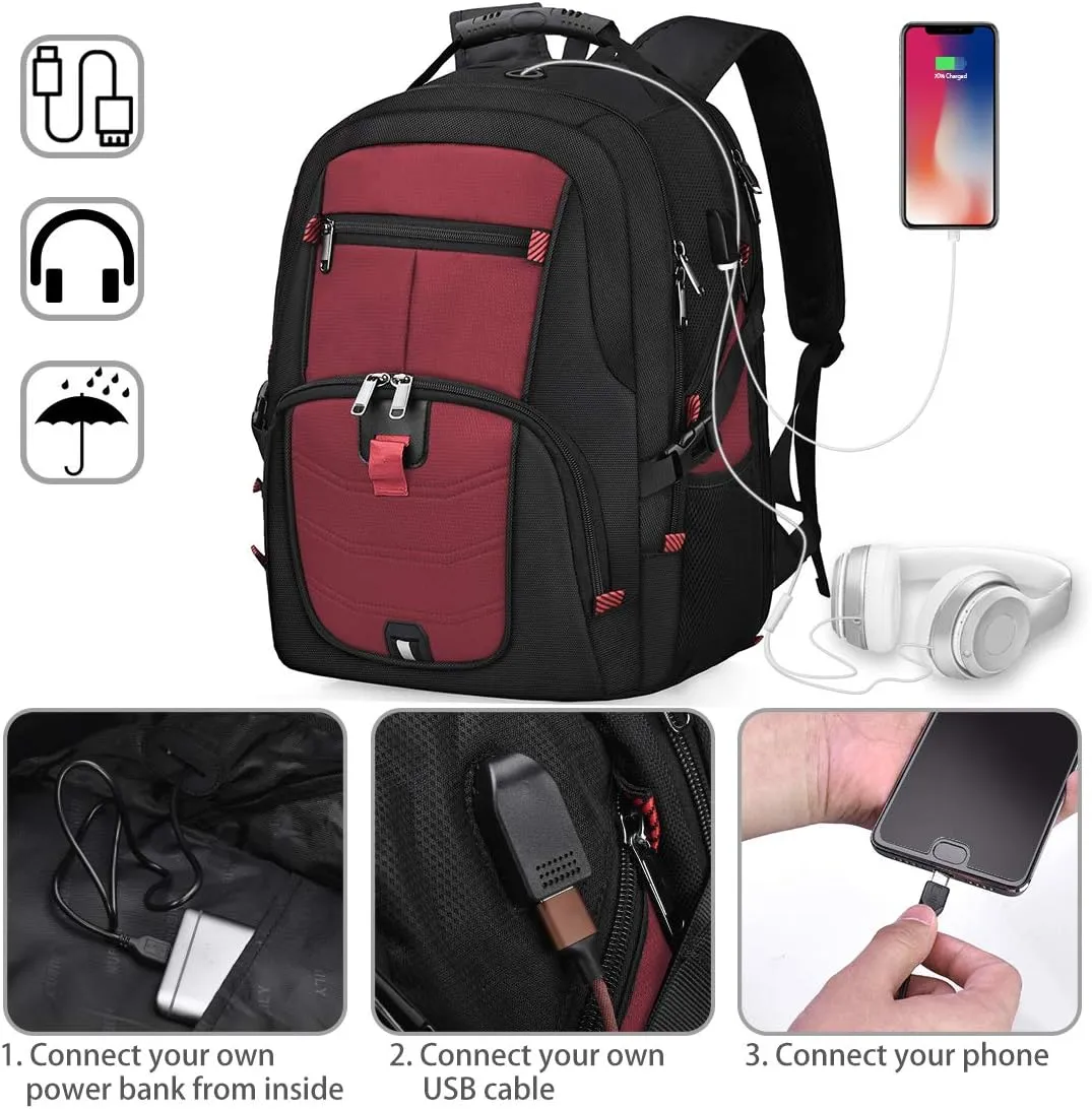 NUBILY Laptop Backpack 17 Inch Waterproof Extra Large TSA Travel Backpack Anti Theft College Business Mens Backpacks with USB Charging Port 17.3 Gaming Computer Backpack for Women Men Red 45 L