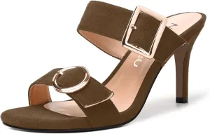 NUMALEO Womens Evening Sexy Round Toe Slip On Two Strap Buckle Suede Stiletto High Heel Heeled Sandals 3.3 Inch
