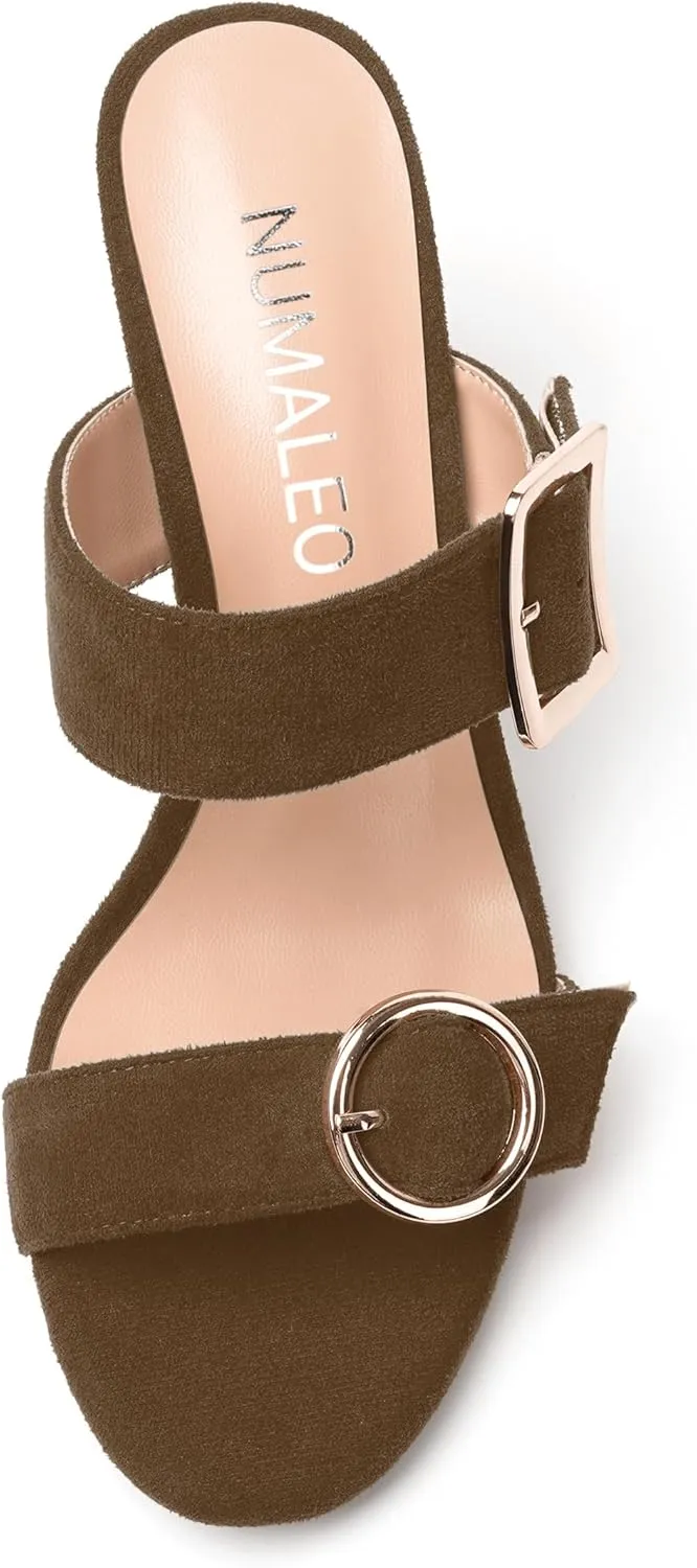 NUMALEO Womens Evening Sexy Round Toe Slip On Two Strap Buckle Suede Stiletto High Heel Heeled Sandals 3.3 Inch