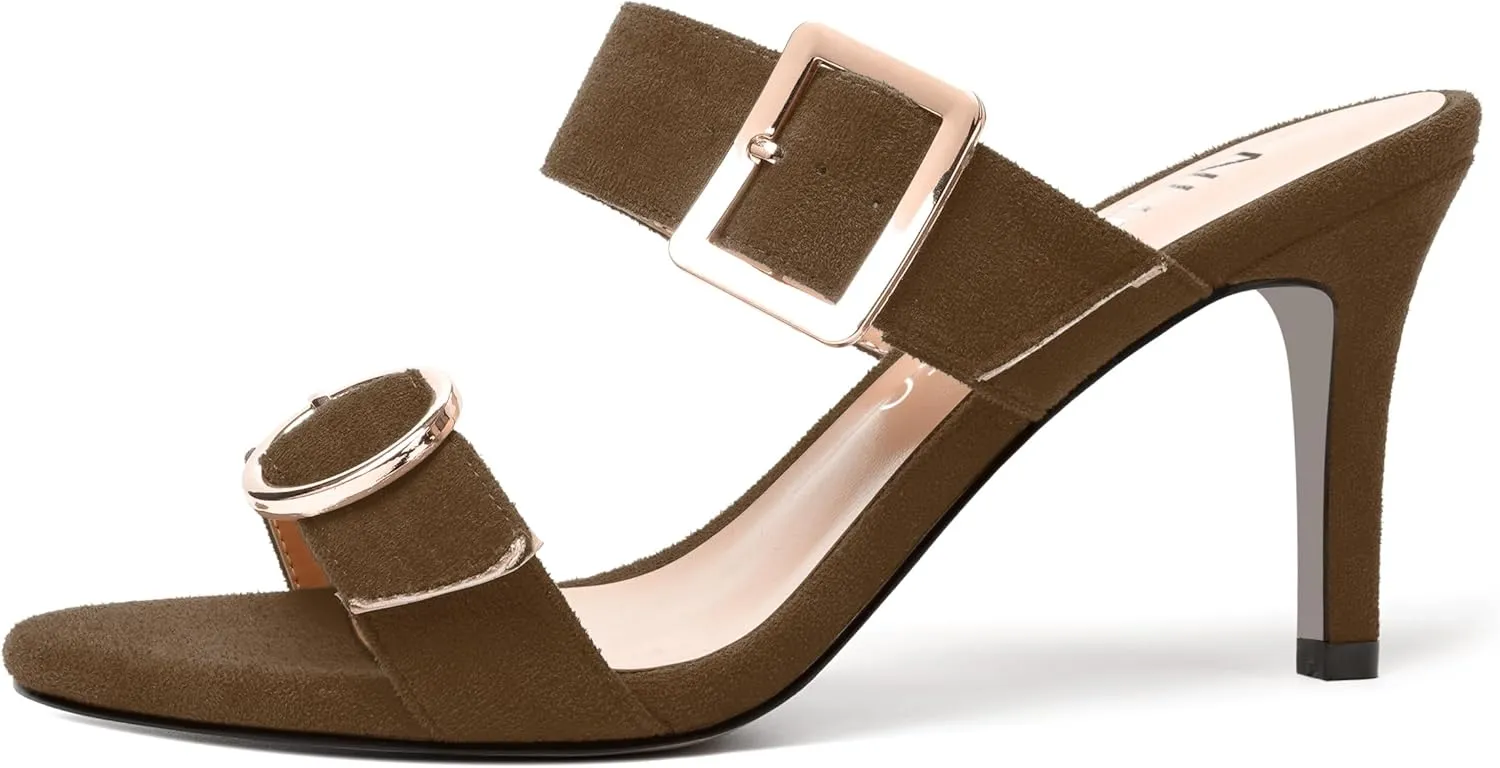 NUMALEO Womens Evening Sexy Round Toe Slip On Two Strap Buckle Suede Stiletto High Heel Heeled Sandals 3.3 Inch