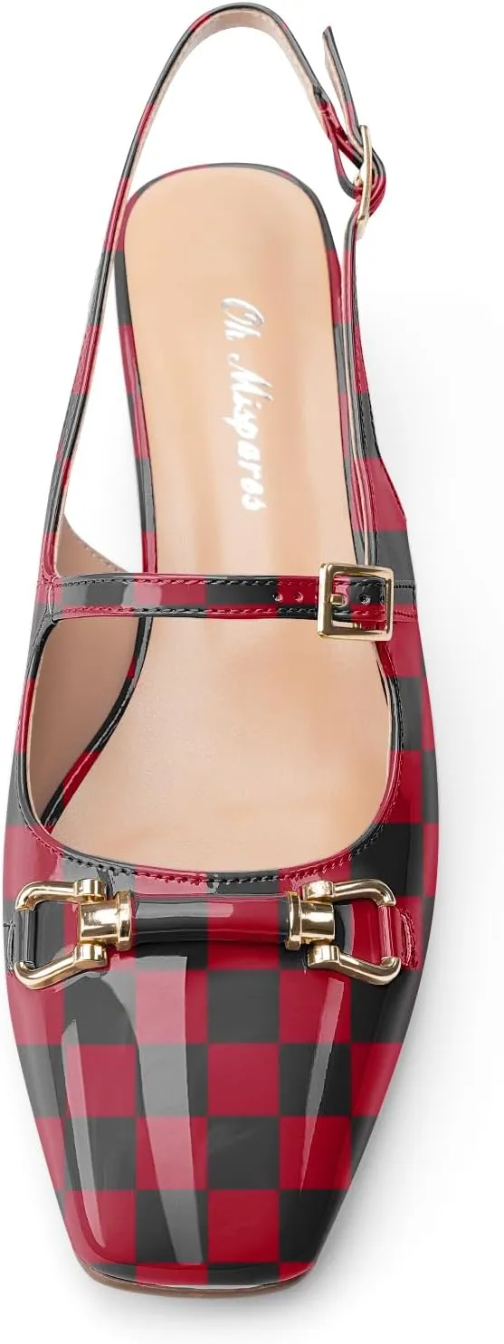 Oh Mispares Slingbacks Block Heels for Women Square Toe Low Heels Adjustable Buckle Strap Slip on Fashion Slingback Spring Summer Dress Pumps