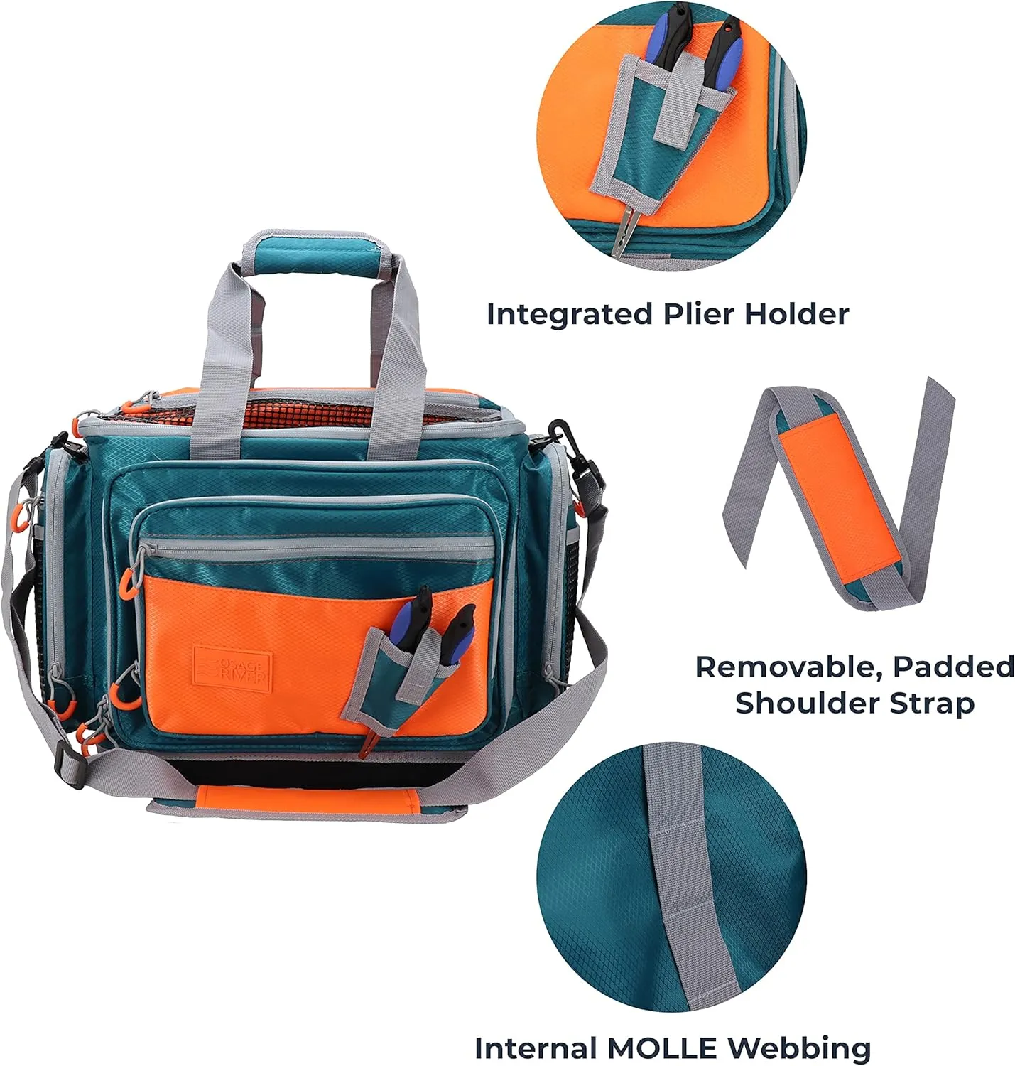 OSAGE RIVER Fishing Tackle Bag, Saltwater Fishing Gear Bag, Tackle Box Organizer with Waterproof Non-Slip Bottom, Padded Shoulder Strap, and Fishing Pliers, Fishing Gifts for Men