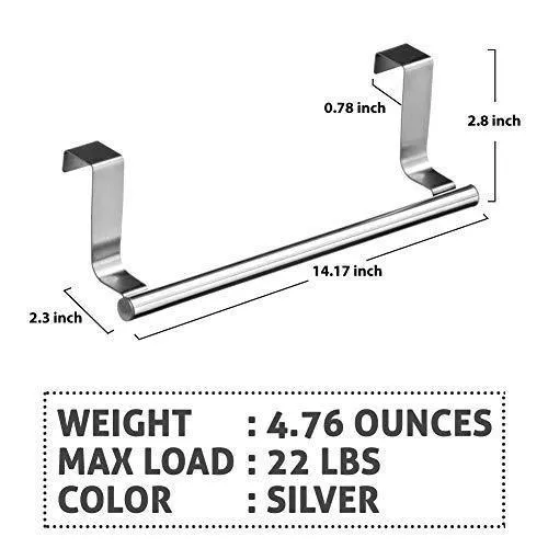 Over Cabinet Towel Bar with Hooks, 14" Brushed Stainless Steel Towel Rack for Bathroom and Kitchen with 22 Lbs Maximum Load