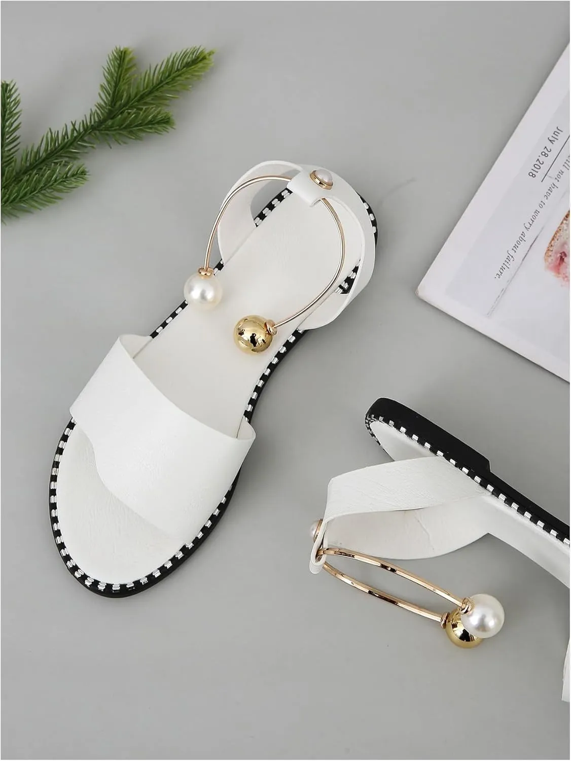 OYOANGLE Women's Pearl Decor Clear Straps Open Toe Flat Sandals Leather Outdoor Beach Sandals