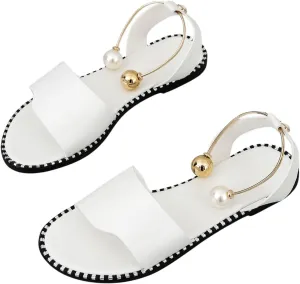 OYOANGLE Women's Pearl Decor Clear Straps Open Toe Flat Sandals Leather Outdoor Beach Sandals
