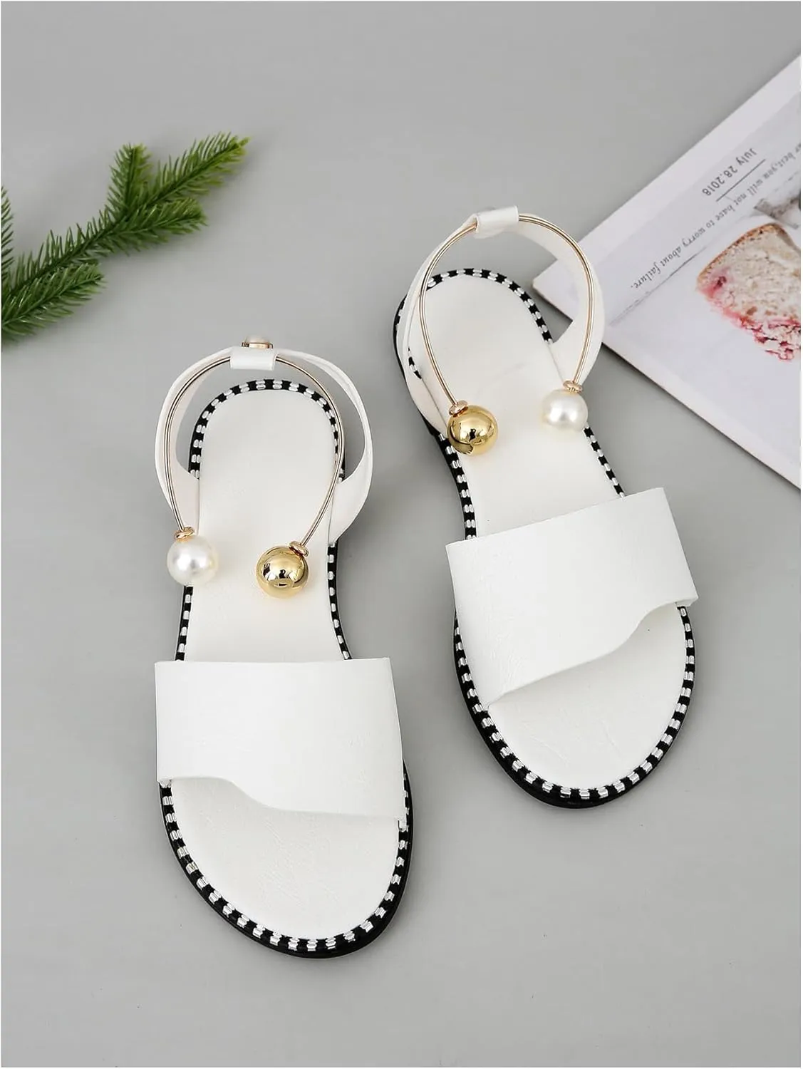 OYOANGLE Women's Pearl Decor Clear Straps Open Toe Flat Sandals Leather Outdoor Beach Sandals