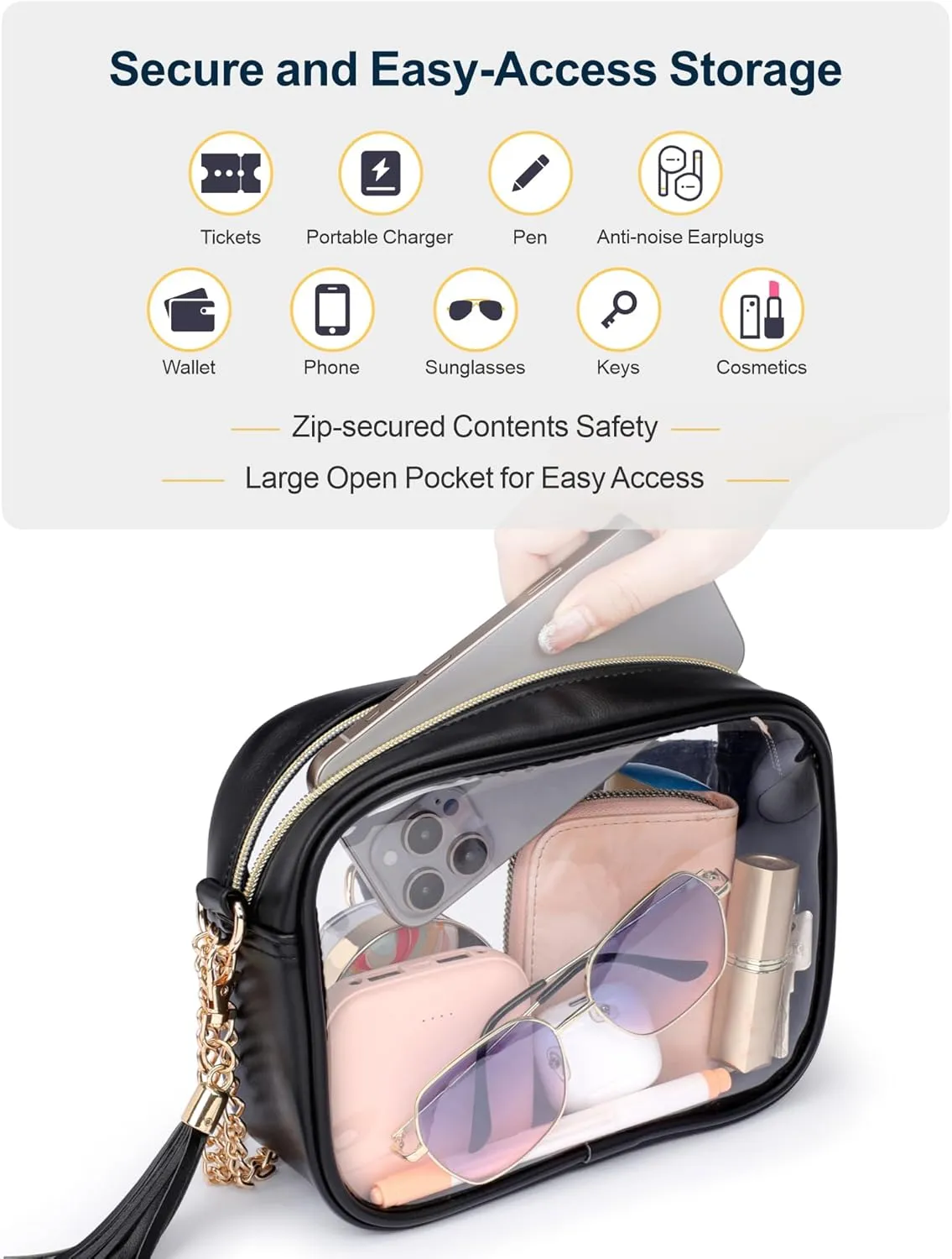 PACKISM Clear Bag for Stadium Events - Cute Clear Purse for Women Crossbody & Adjustable Chain for Sports Games Concerts