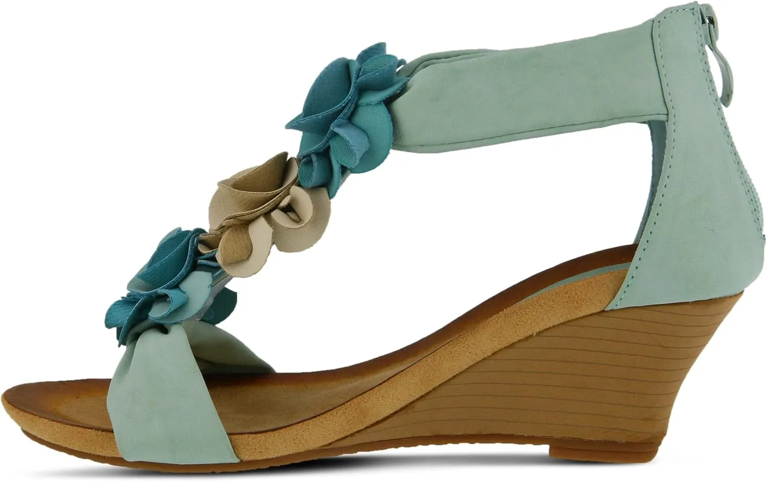 PATRIZIA Women's HARLEQUIN Ankle Strap T-Strap Wedge Sandals - Floral Design, Cushioned Insole, Back Zipper