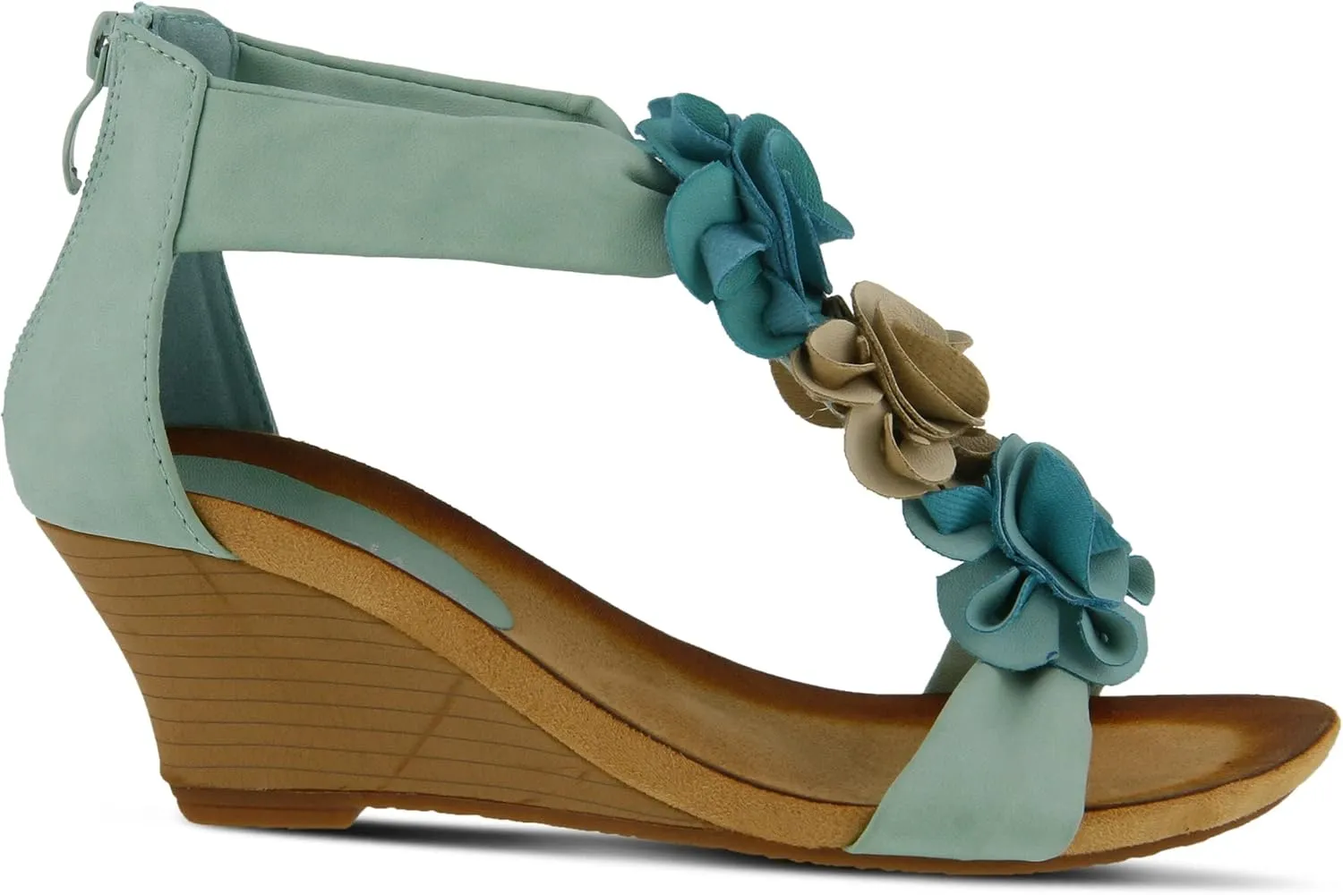 PATRIZIA Women's HARLEQUIN Ankle Strap T-Strap Wedge Sandals - Floral Design, Cushioned Insole, Back Zipper
