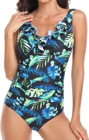 PERONA Women's One Piece Swimsuits Tummy Control Bathing Suits Ruffled Plus Size Swimwear
