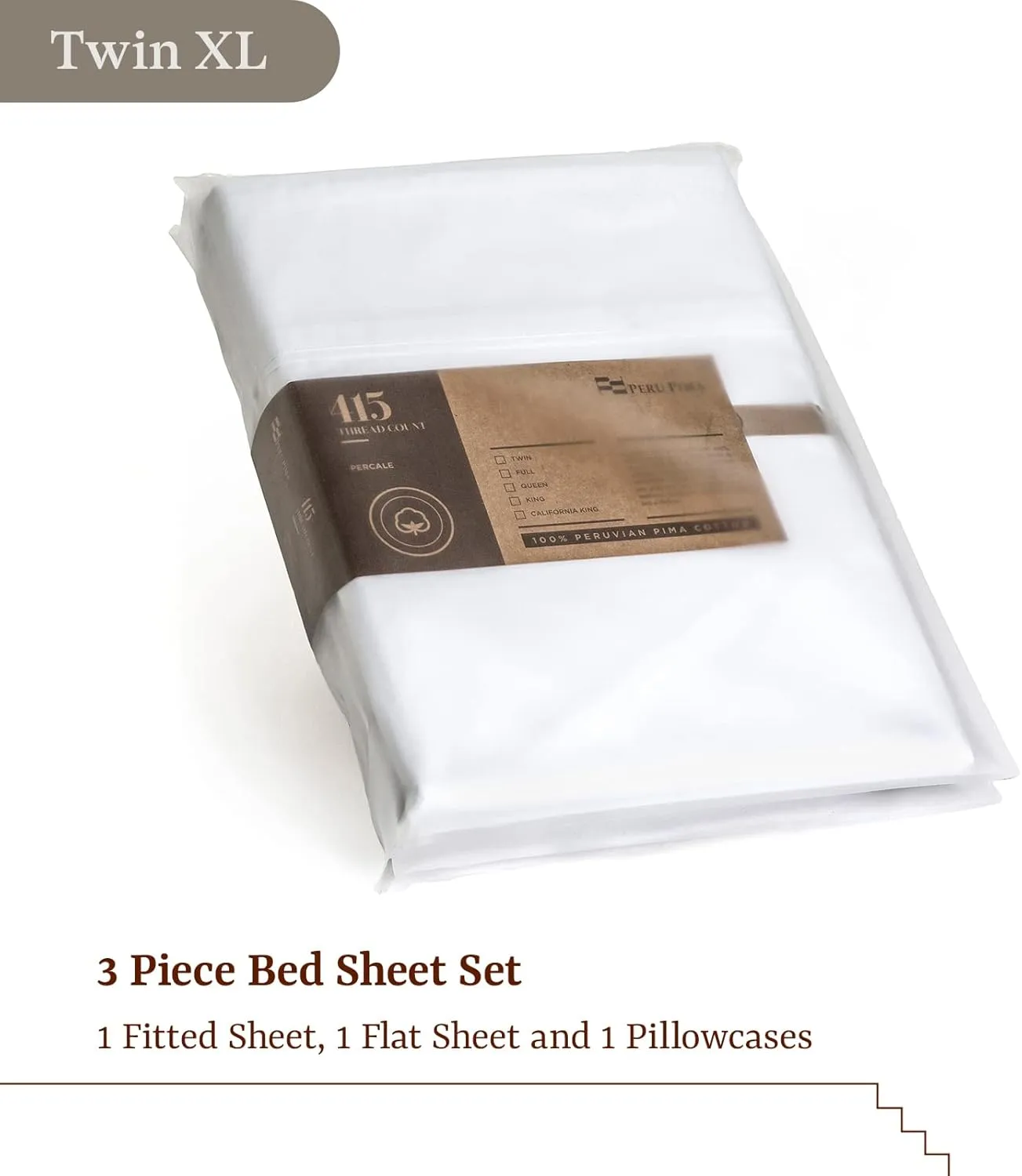 Peru Pima, Twin XL Size Bed Sheets Set, 3 Piece Bedding, 415 Thread Count, Breathable & Cooling Sheets, Percale, 100% Peruvian Pima Cotton, White Color
