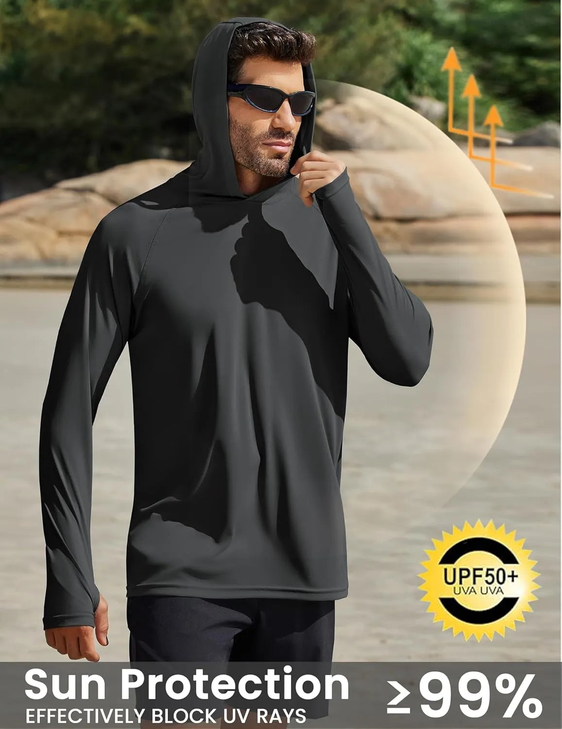 PINSPARK Men's UPF 50  Long Sleeve Rash Guard - Sun Protection Hoodie UV SPF Fishing Shirt for Athletic Running Swim Hiking