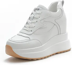 Platform Sneakers for Women - High Hidden Heel Wedge Fashion Leather Chunky Lace up Wedge Tennis Shoes Increasing 3.94 inch