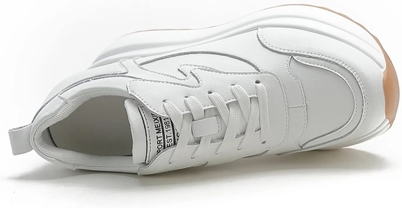 Platform Sneakers for Women - High Hidden Heel Wedge Fashion Leather Chunky Lace up Wedge Tennis Shoes Increasing 3.94 inch