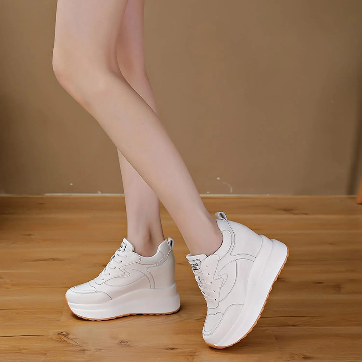 Platform Sneakers for Women - High Hidden Heel Wedge Fashion Leather Chunky Lace up Wedge Tennis Shoes Increasing 3.94 inch
