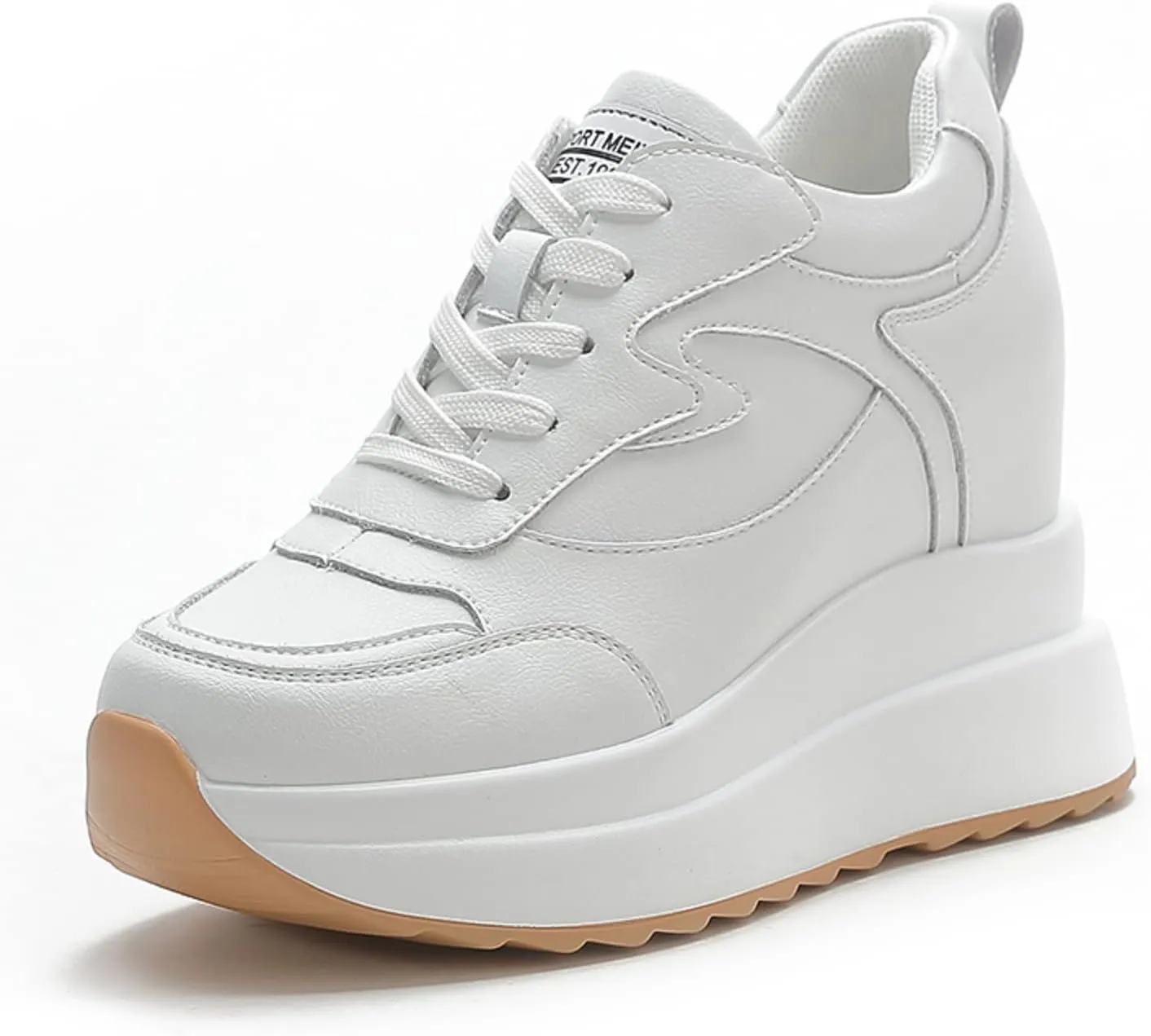 Platform Sneakers for Women - High Hidden Heel Wedge Fashion Leather Chunky Lace up Wedge Tennis Shoes Increasing 3.94 inch