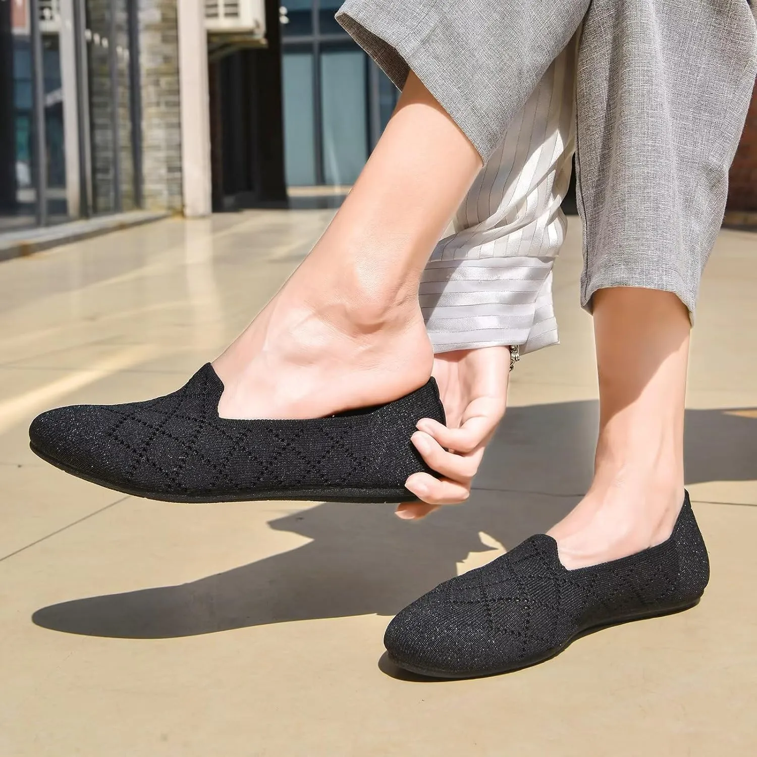 poemlady Women’s Ballet Flat Shoes Dress Shoes Knit Round Toe Slip On Ballerina Walking Flats Shoes for Woman Low Wedge Casual