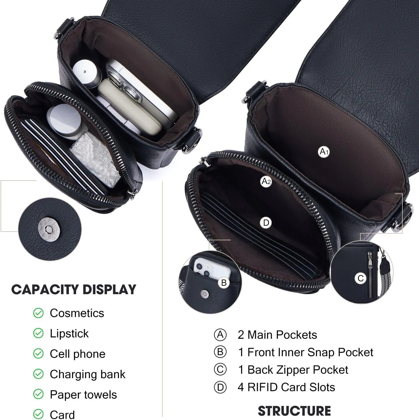 POIUGOYA Small Crossbody Bags for Women Trendy,Leather Triple Compartment Cell Phone Crossbody Wallet Purses with Card Slots