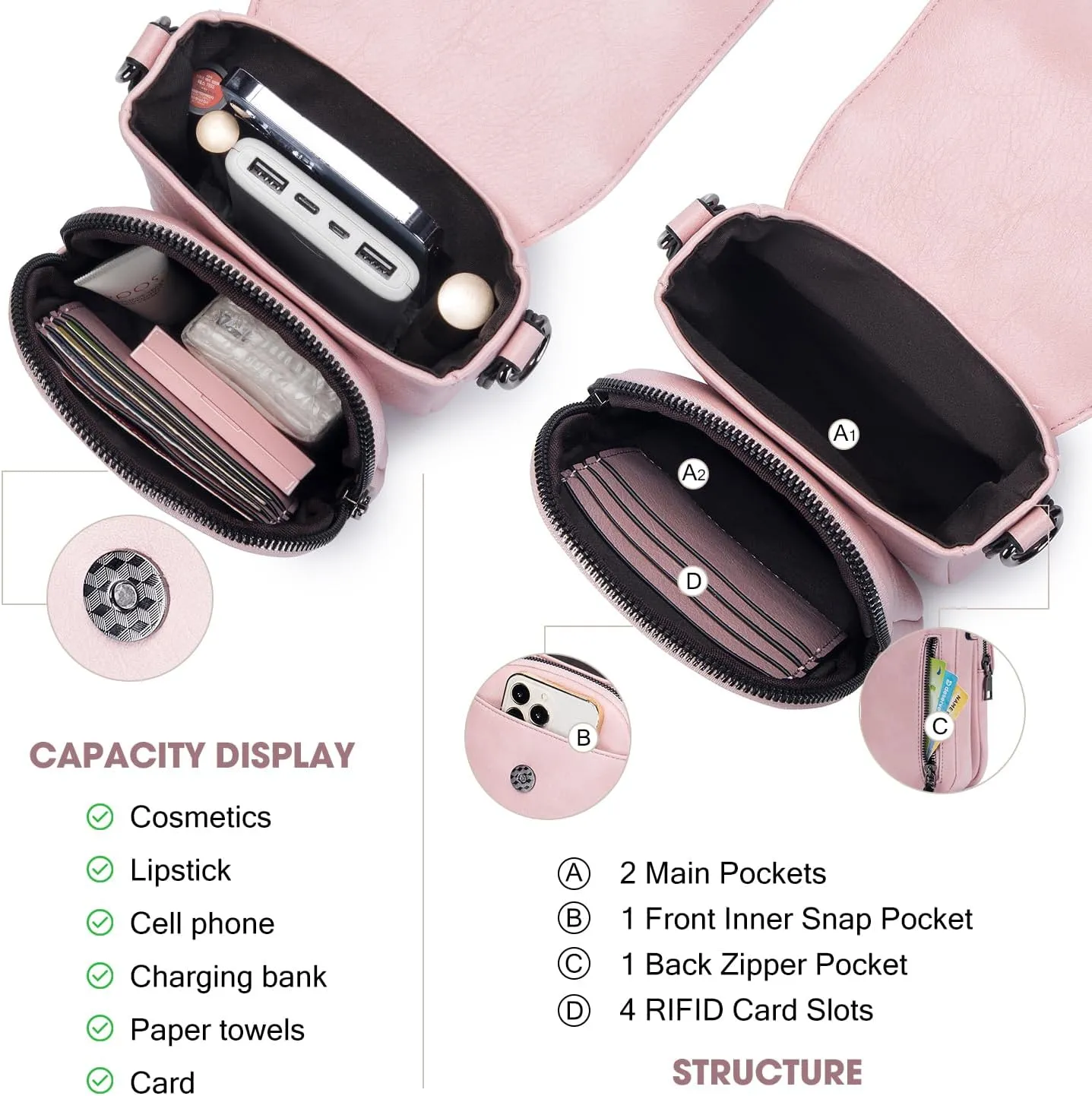 POIUGOYA Small Crossbody Bags for Women Trendy,Leather Triple Compartment Cell Phone Crossbody Wallet Purses with Card Slots