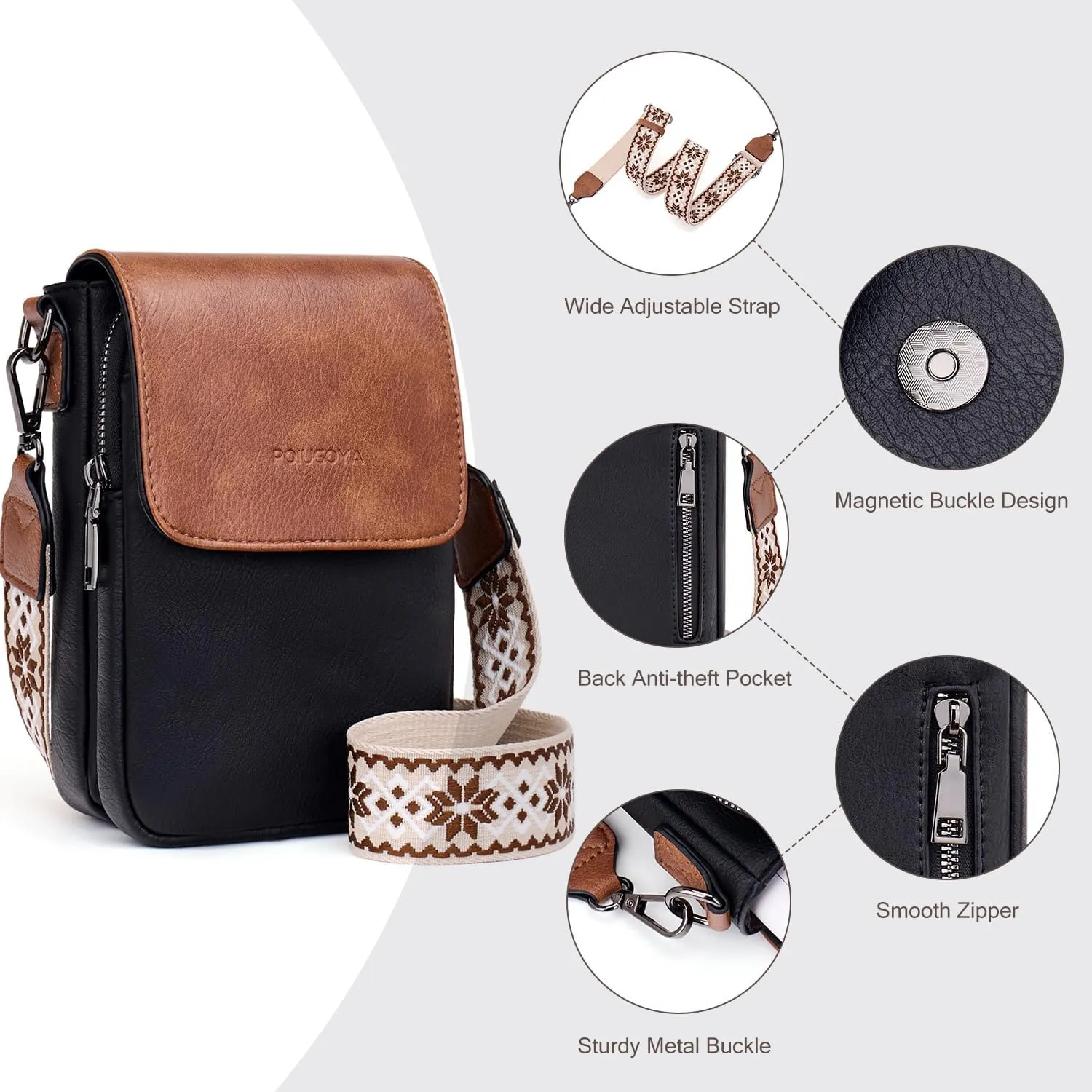 POIUGOYA Small Crossbody Bags for Women Trendy,Leather Triple Compartment Cell Phone Crossbody Wallet Purses with Card Slots