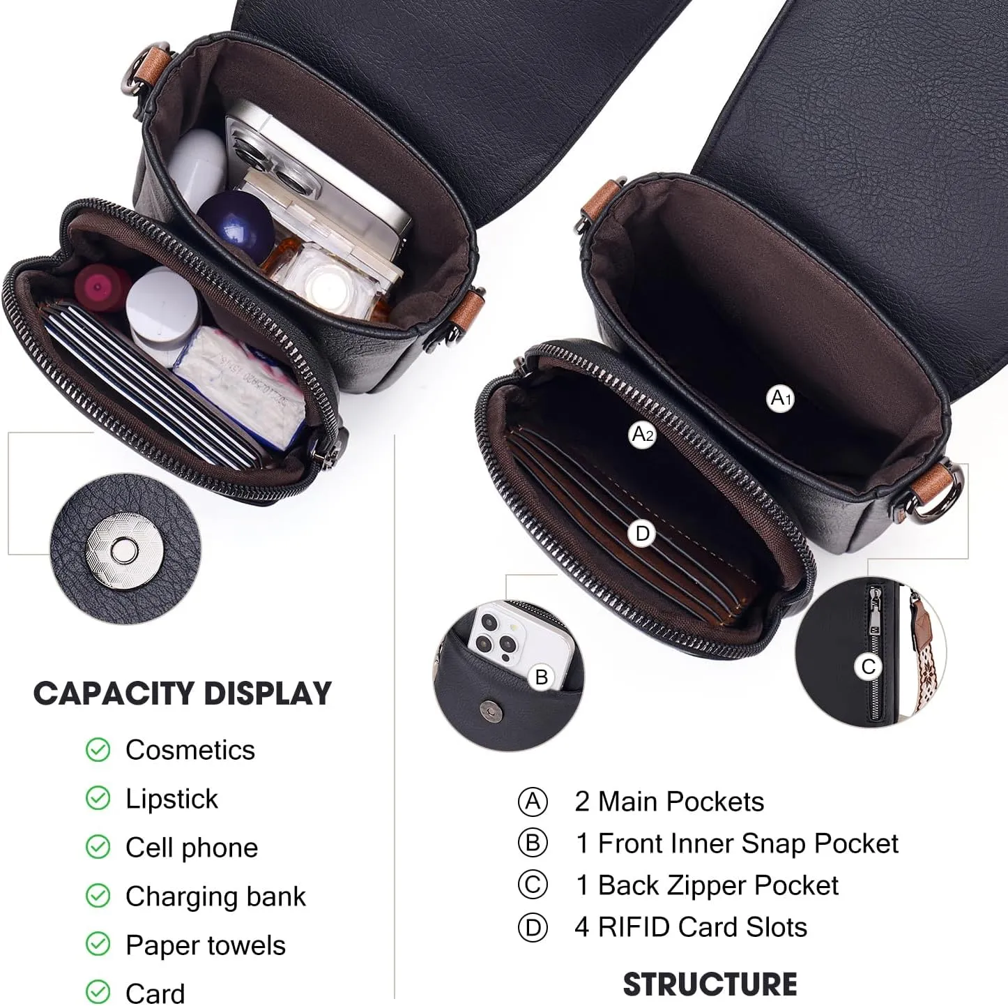 POIUGOYA Small Crossbody Bags for Women Trendy,Leather Triple Compartment Cell Phone Crossbody Wallet Purses with Card Slots