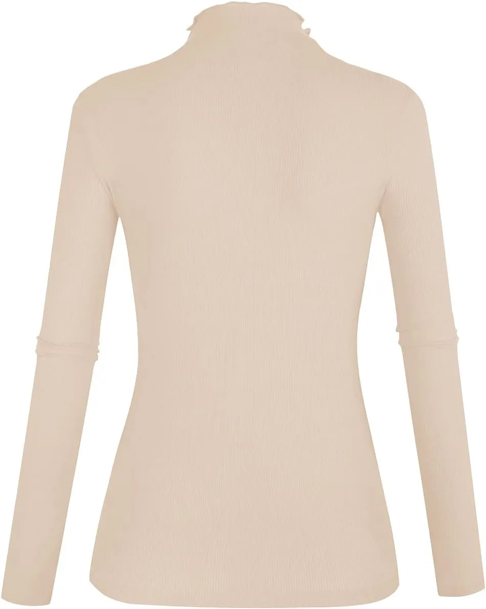 POPZONE Women's Lettuce Trim Mock Neck Long Sleeve Slim Fit Ribbed Knit Tee Shirt Tops