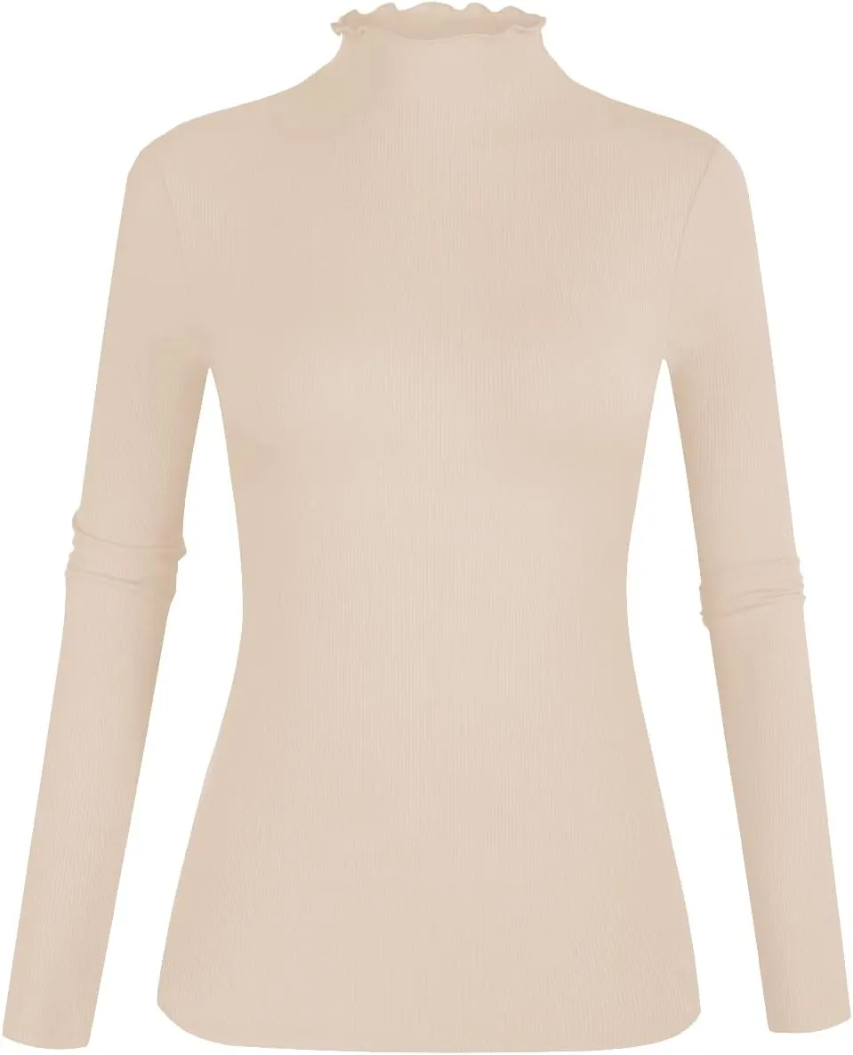 POPZONE Women's Lettuce Trim Mock Neck Long Sleeve Slim Fit Ribbed Knit Tee Shirt Tops
