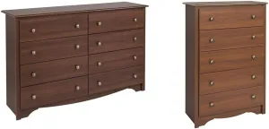 Prepac 8-Drawer Double Dresser and 5-Drawer Tall Dresser Bundle, 59" W x 36.25" H and 31.5" W x 45.12" H, Cherry