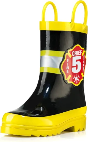 Puddle Play Rubber Rainboots 100% Waterproof - Easy-on Handles Yellow Fire Chief Size 2 Little Kid