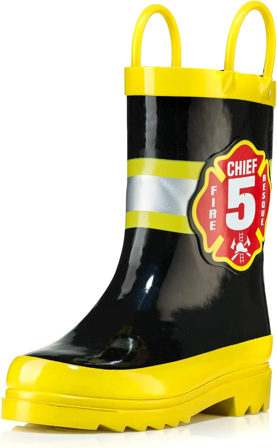 Puddle Play Rubber Rainboots 100% Waterproof - Easy-on Handles Yellow Fire Chief Size 2 Little Kid