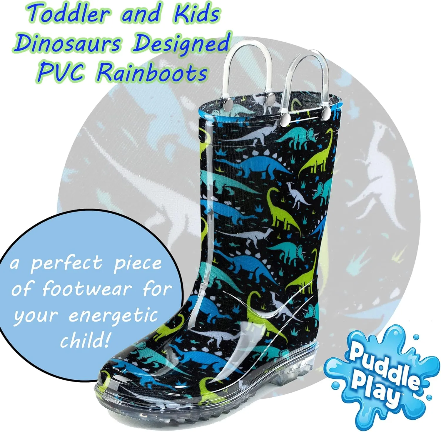 Puddle Play Toddler and Kids Waterproof PVC Rain Boots with Easy-On Handles – Lightweight Slip-Resistant Outdoor Boots for Boys and Girls