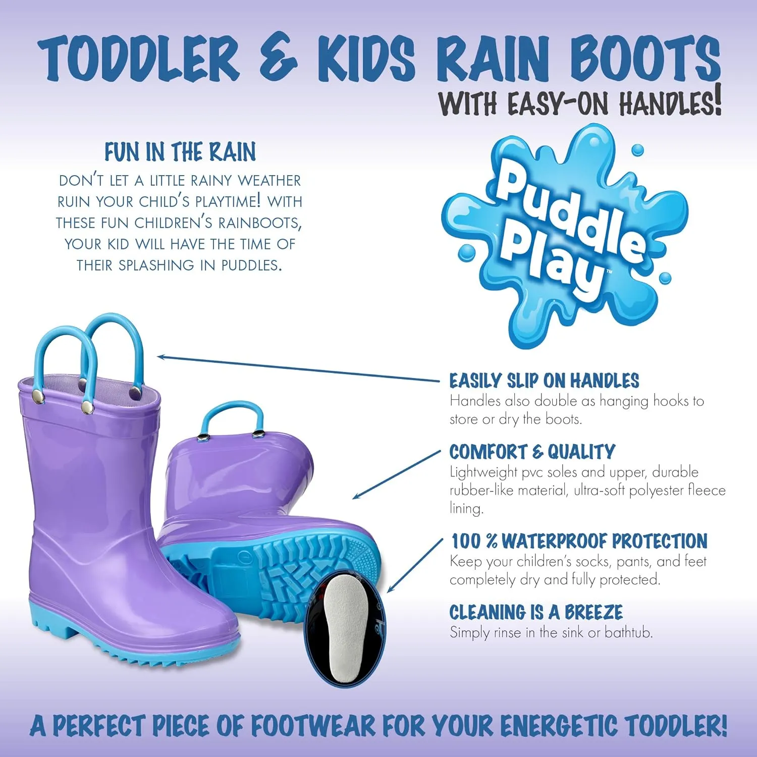 Puddle Play Toddler and Kids Waterproof PVC Rain Boots with Easy-On Handles – Lightweight Slip-Resistant Outdoor Boots for Boys and Girls