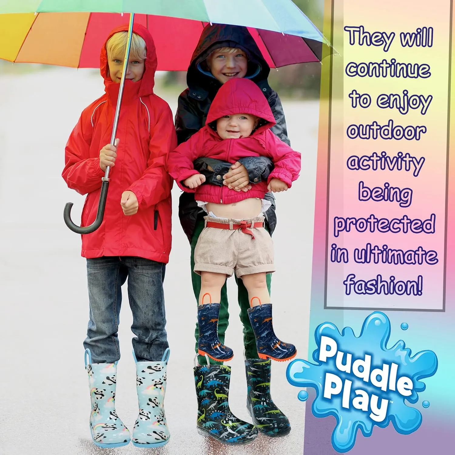 Puddle Play Toddler and Kids Waterproof PVC Rain Boots with Easy-On Handles – Lightweight Slip-Resistant Outdoor Boots for Boys and Girls
