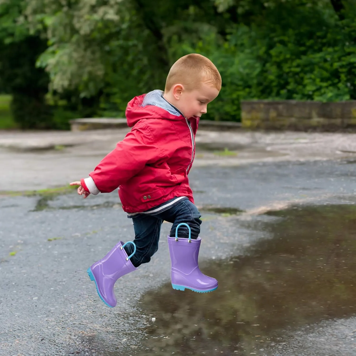 Puddle Play Toddler and Kids Waterproof PVC Rain Boots with Easy-On Handles – Lightweight Slip-Resistant Outdoor Boots for Boys and Girls