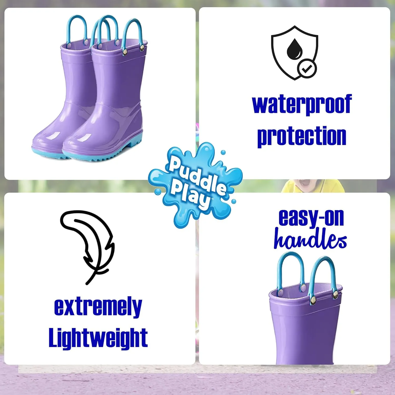 Puddle Play Toddler and Kids Waterproof PVC Rain Boots with Easy-On Handles – Lightweight Slip-Resistant Outdoor Boots for Boys and Girls