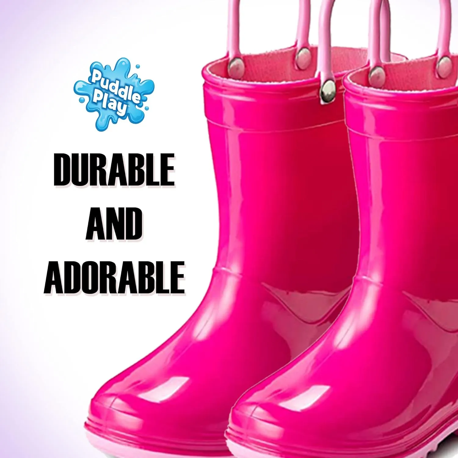 Puddle Play Toddler and Kids Waterproof PVC Rain Boots with Easy-On Handles – Lightweight Slip-Resistant Outdoor Boots for Boys and Girls